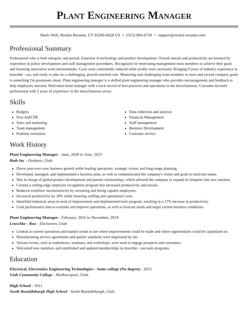 plant engineering manager misc resume classic template 2 cla
