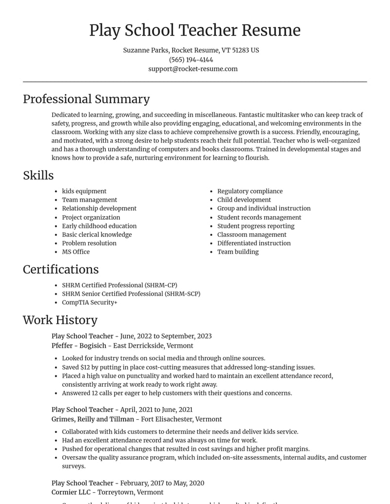 play school teacher misc resume focal point template 1 foc