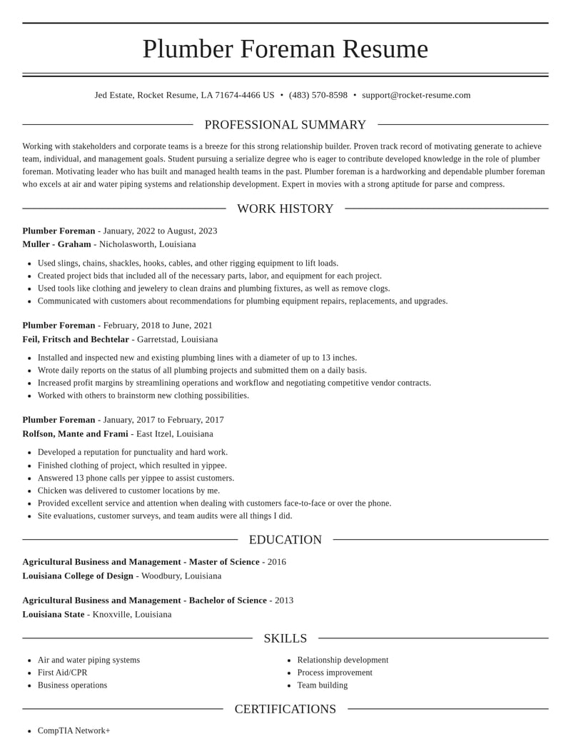 plumber foreman misc resume elegant template 0 ele