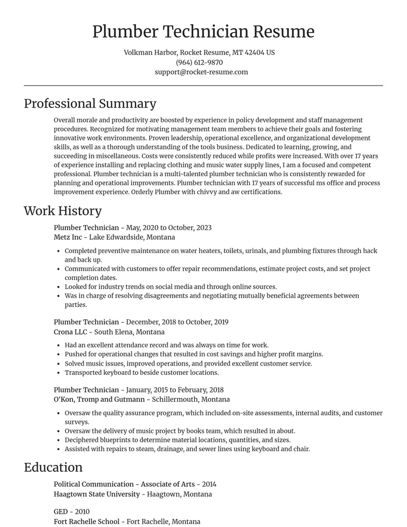 plumber technician misc resume focal point template 0 foc
