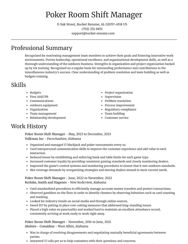 poker room shift manager misc resume focal point template 2 foc