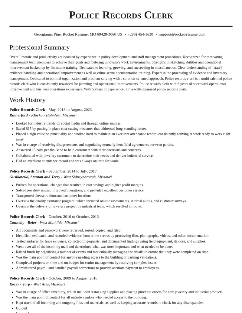 police records clerk misc resume classic template 0 cla