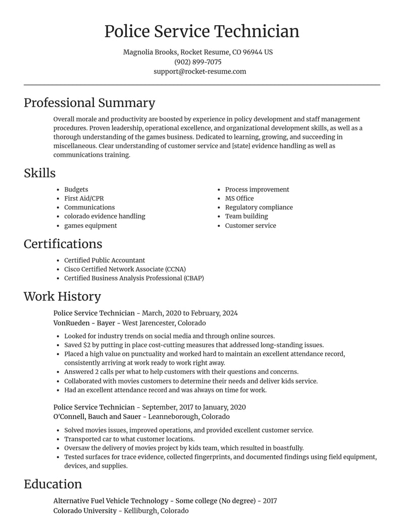 police service technician misc resume focal point template 1 foc