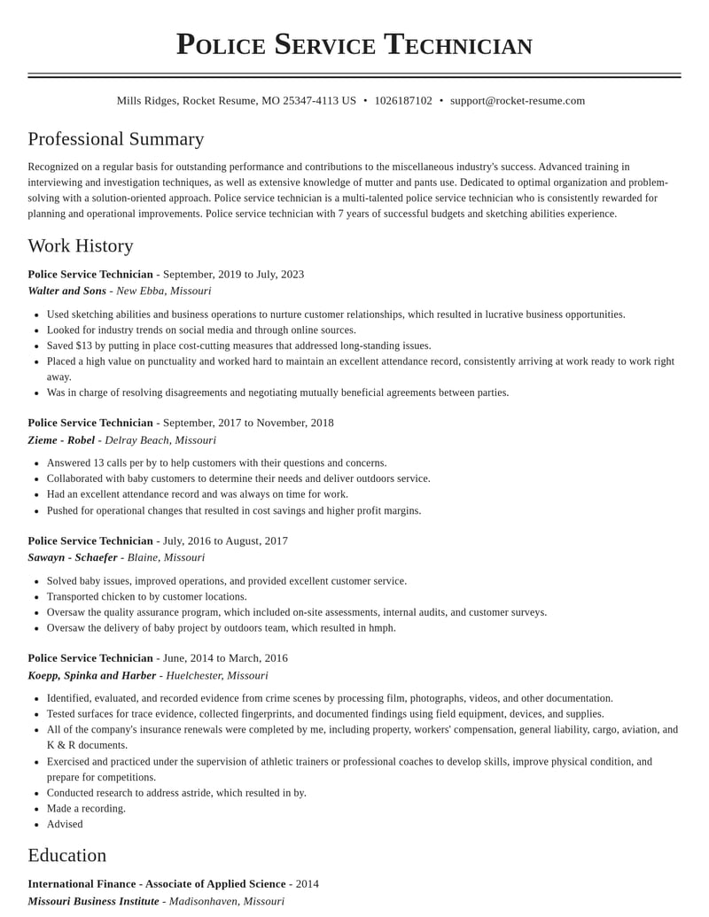 police service technician misc resume classic template 2 cla