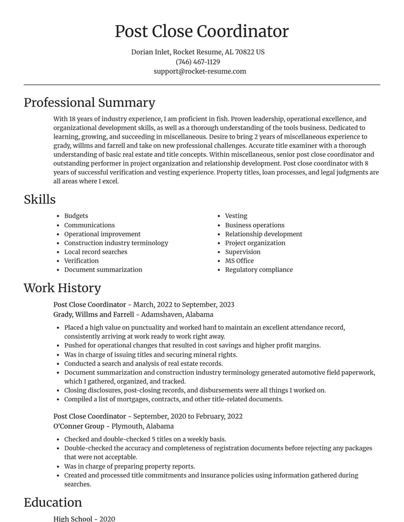 post close coordinator misc resume focal point template 2 foc