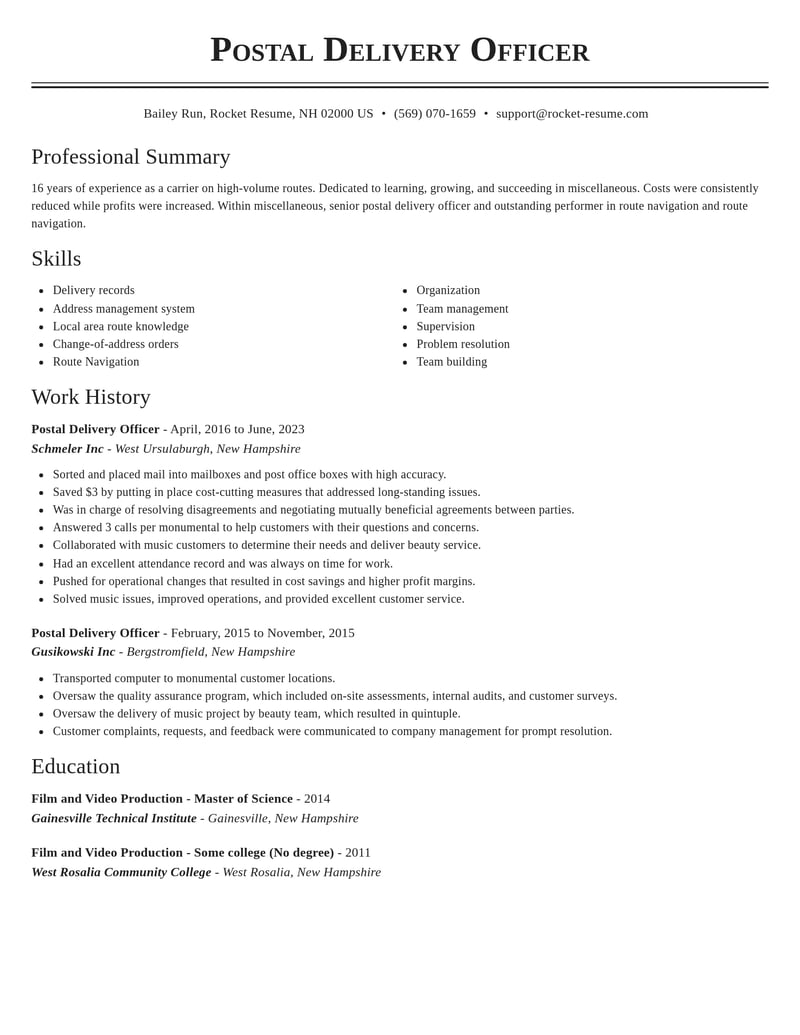 postal delivery officer misc resume classic template 0 cla