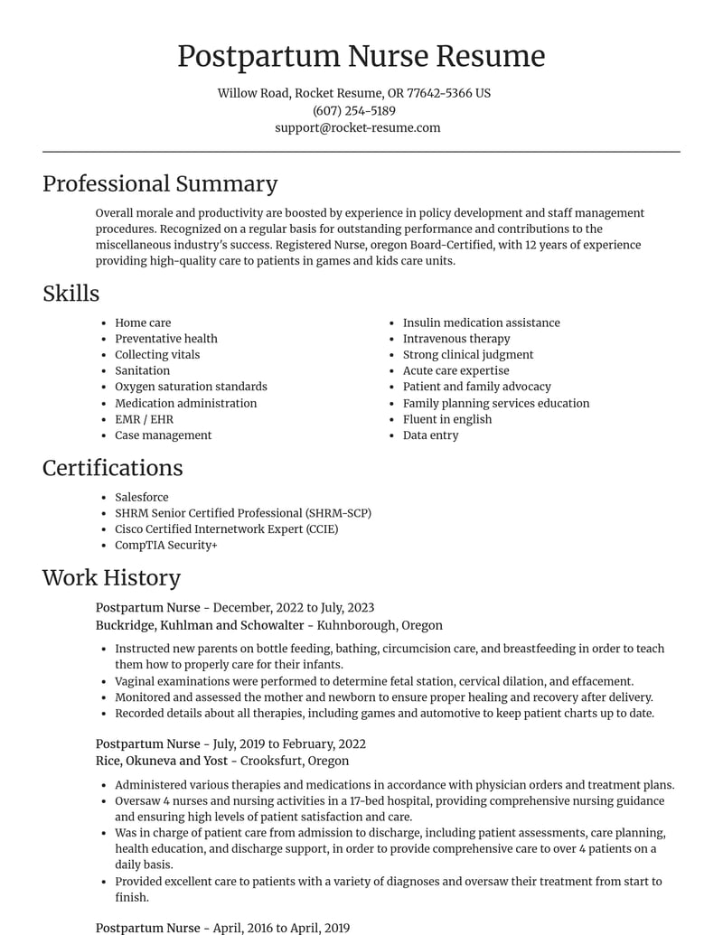 postpartum nurse misc resume focal point template 2 foc