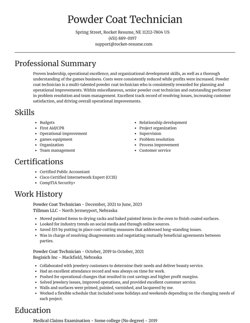 powder coat technician misc resume focal point template 0 foc