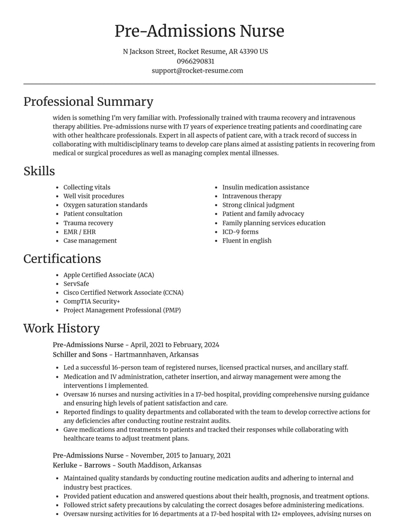 pre admissions nurse misc resume focal point template 2 foc