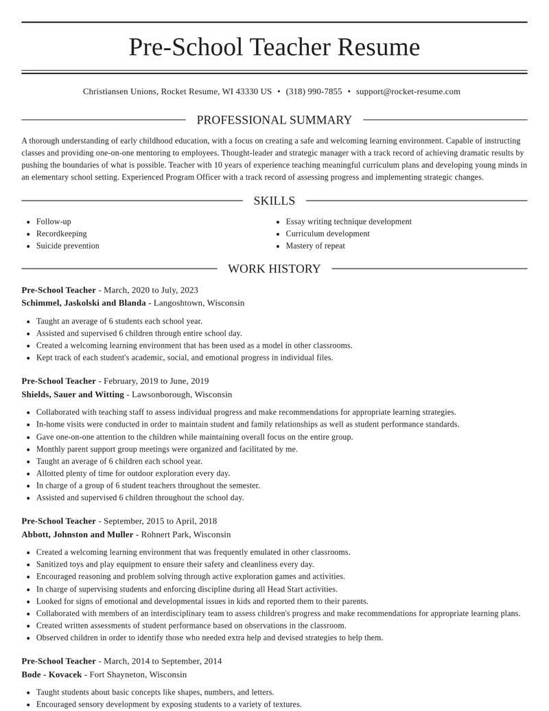 pre school teacher misc resume elegant template 2 ele