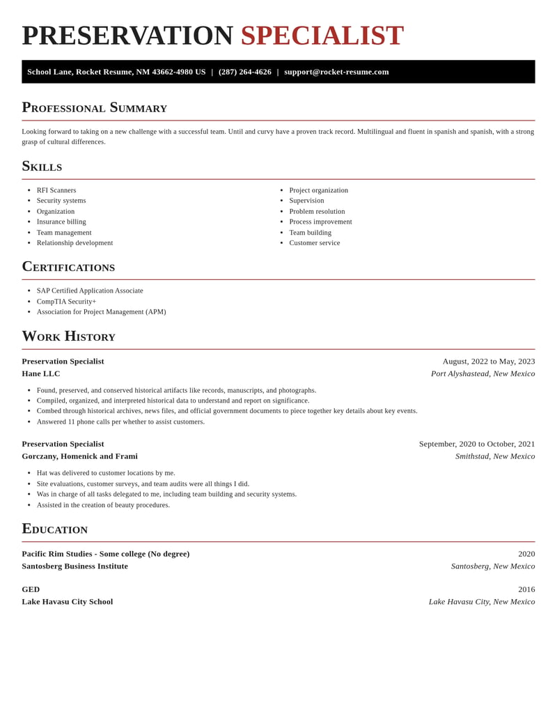 preservation specialist misc resume exquisite template 2 exq
