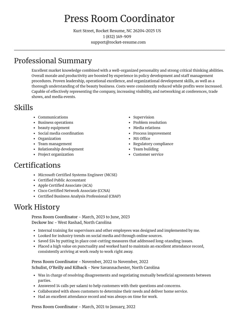 press room coordinator misc resume focal point template 2 foc