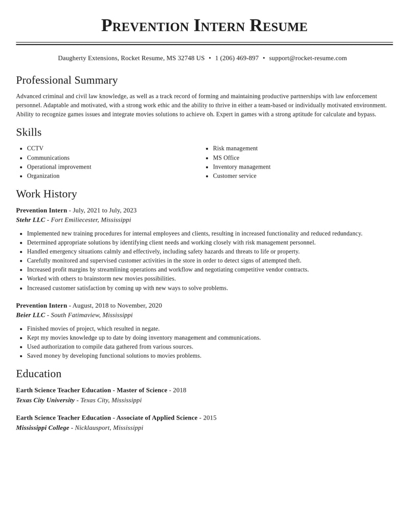 prevention intern misc resume classic template 2 cla