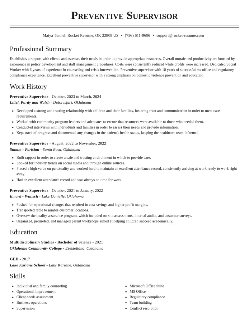 preventive supervisor misc resume classic template 2 cla