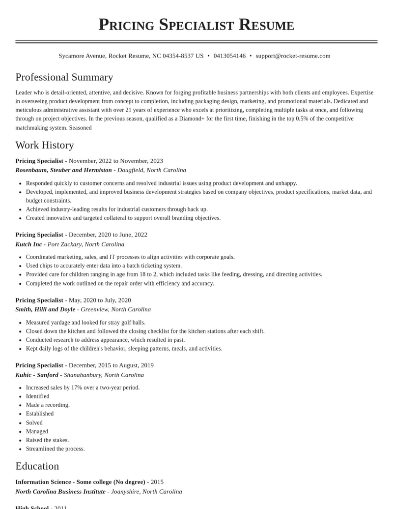 pricing specialist misc resume classic template 1 cla