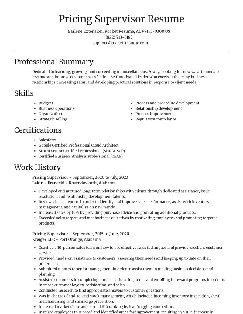 pricing supervisor misc resume focal point template 0 foc
