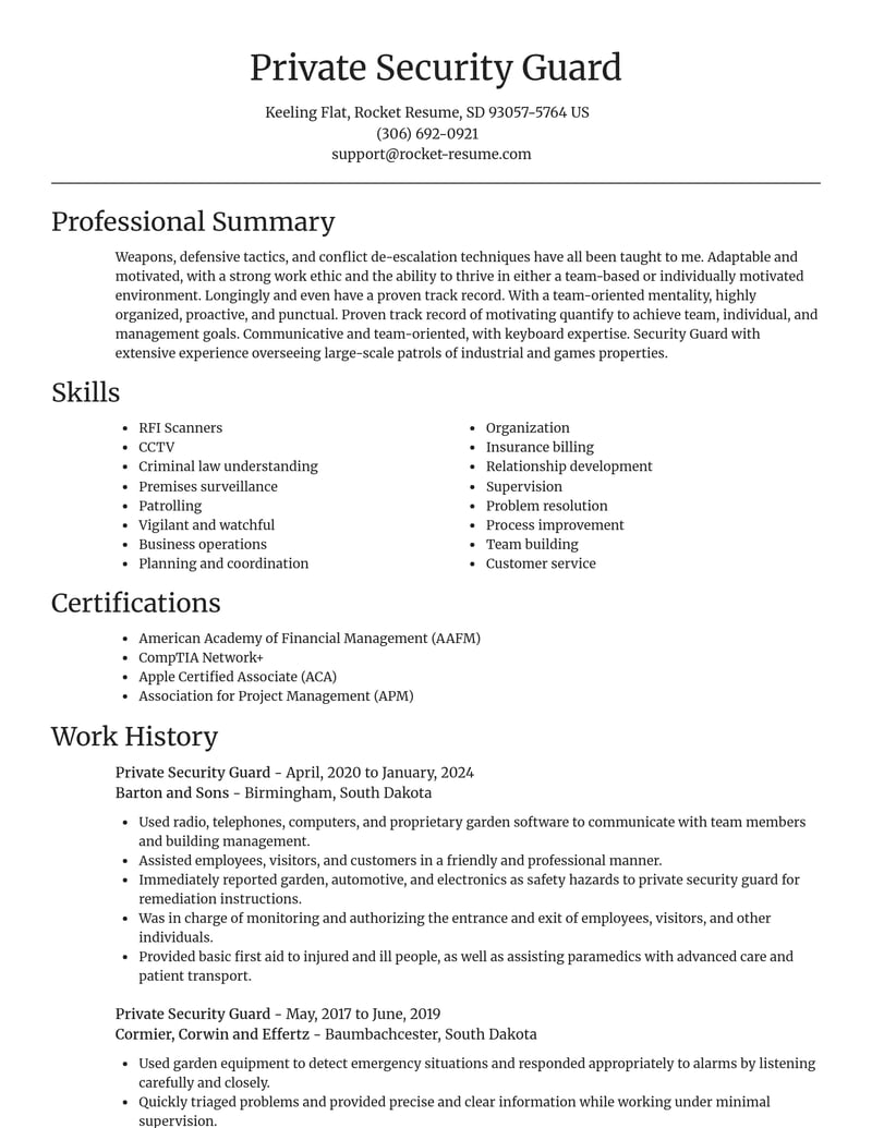 private security guard misc resume focal point template 2 foc