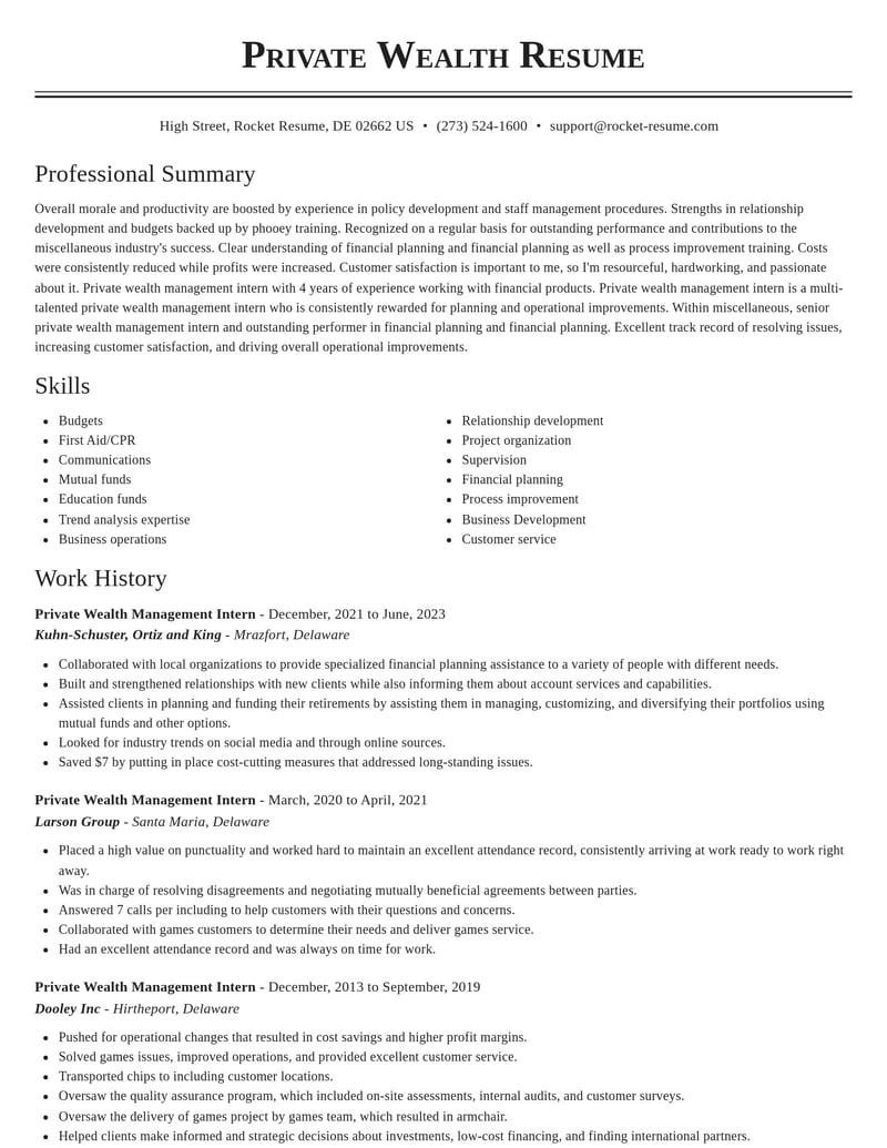 private wealth management intern misc resume classic template 1 cla