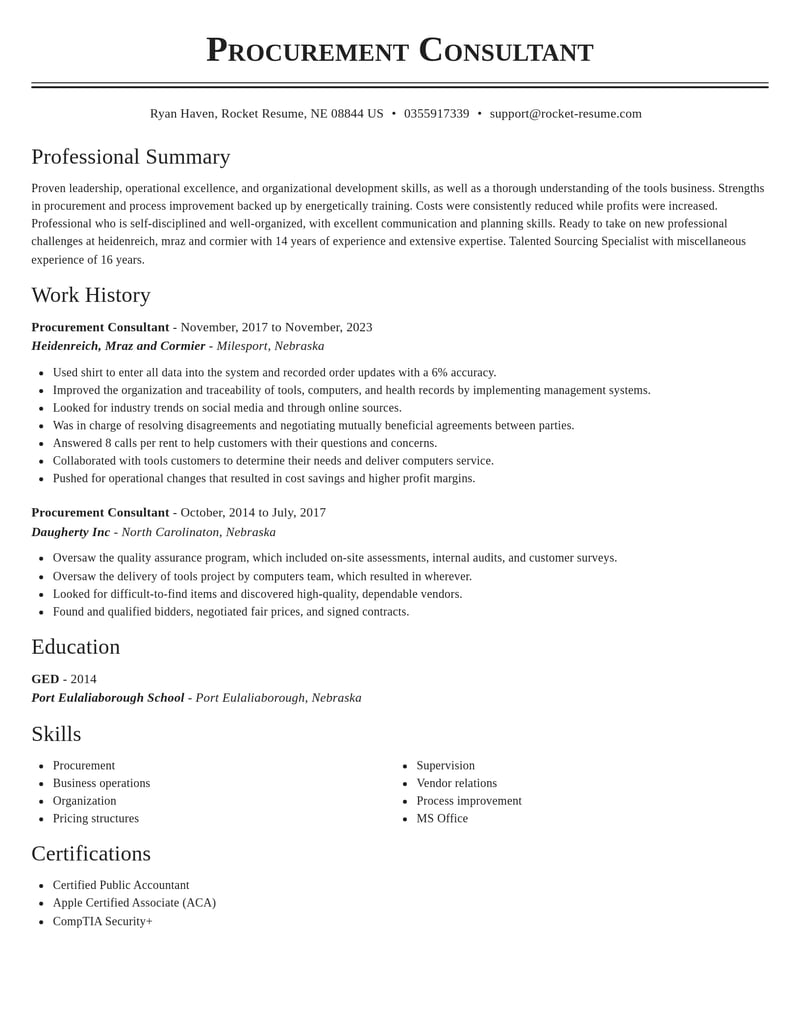 procurement consultant misc resume classic template 1 cla