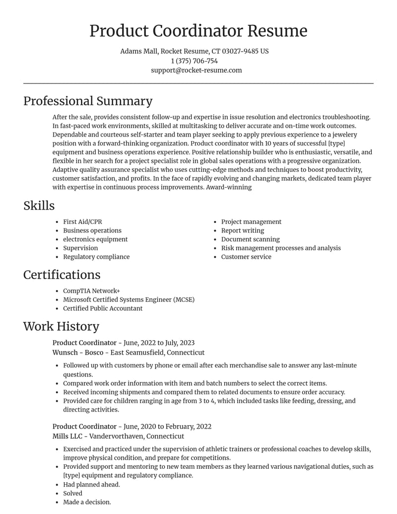 product coordinator misc resume focal point template 2 foc