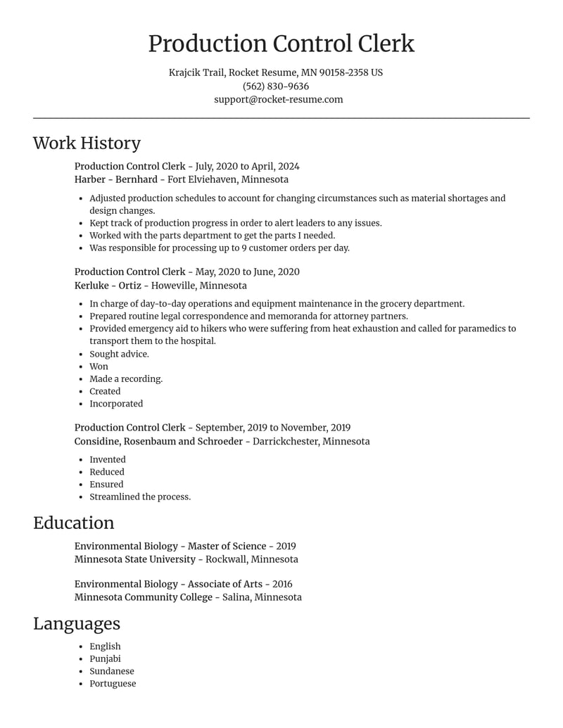 production control clerk misc resume focal point template 2 foc
