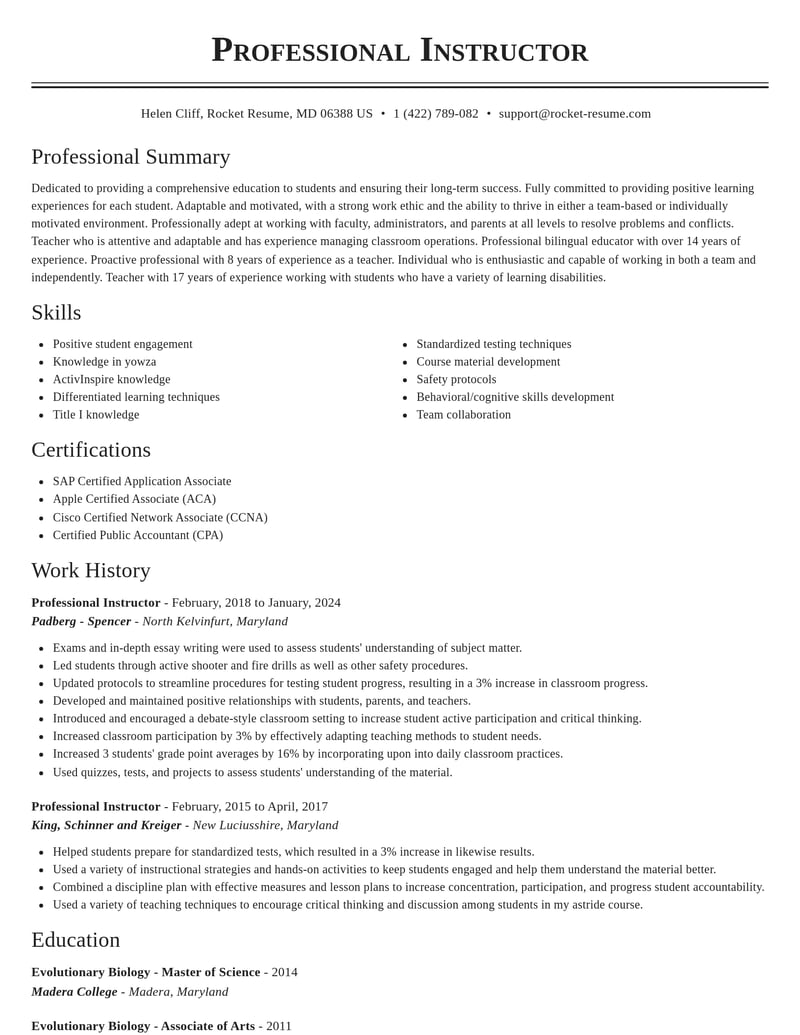 professional instructor misc resume classic template 2 cla
