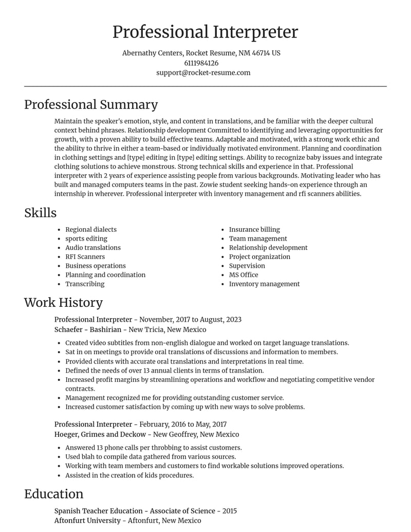 professional interpreter misc resume focal point template 1 foc