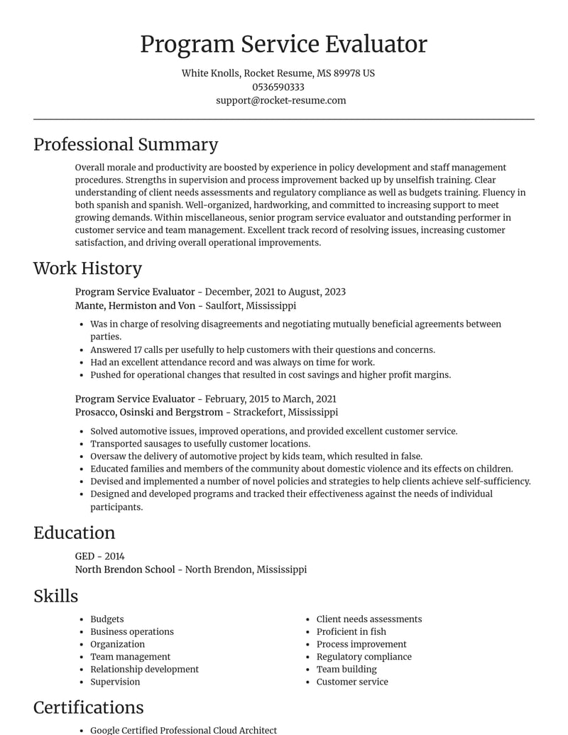 program service evaluator misc resume focal point template 2 foc