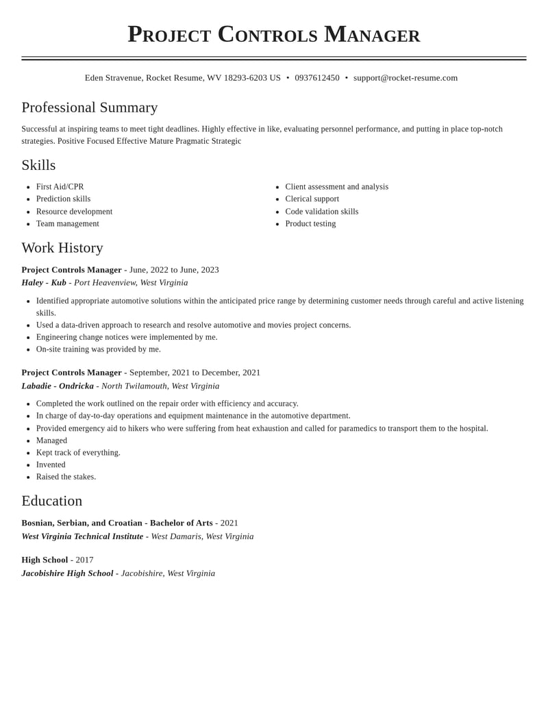 project controls manager misc resume classic template 2 cla