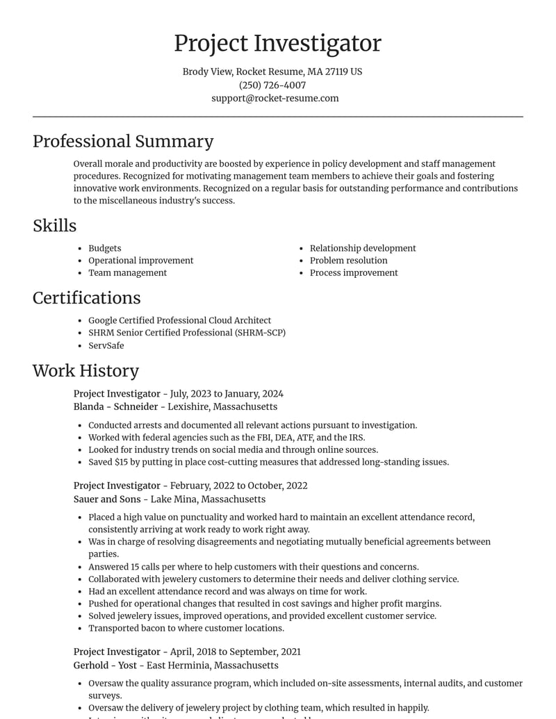 project investigator misc resume focal point template 2 foc