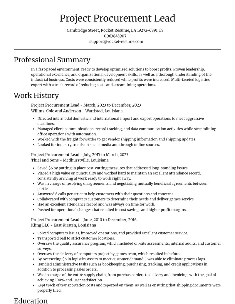 project procurement lead misc resume focal point template 2 foc
