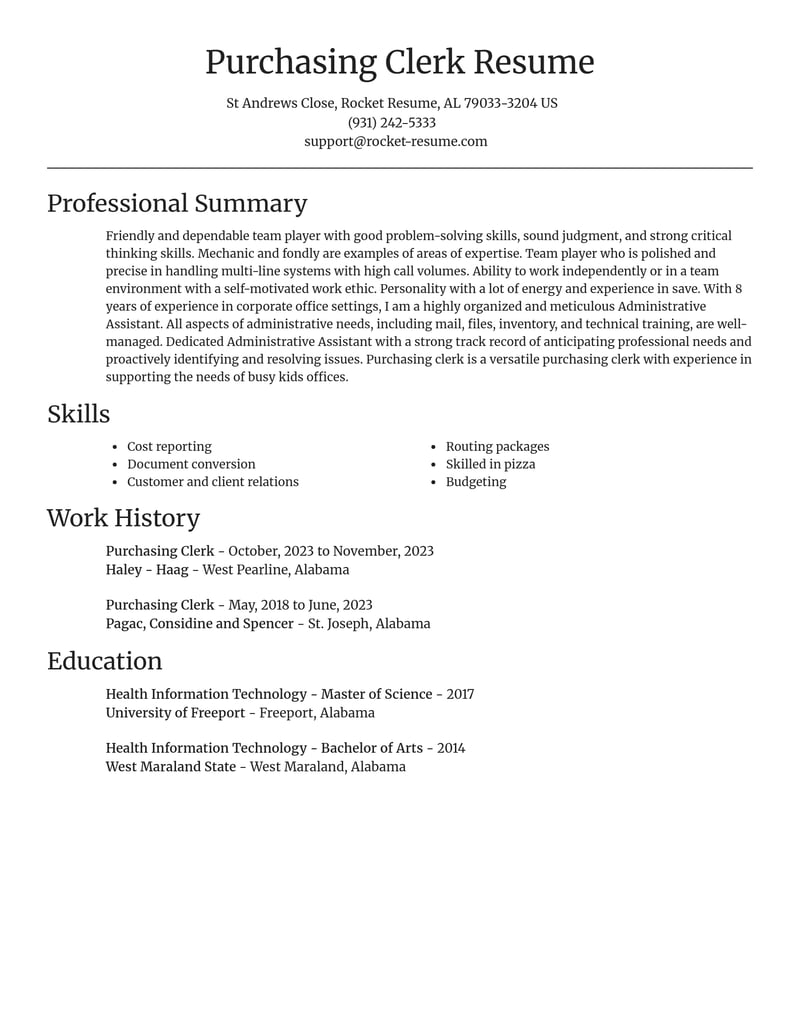 purchasing clerk misc resume focal point template 2 foc
