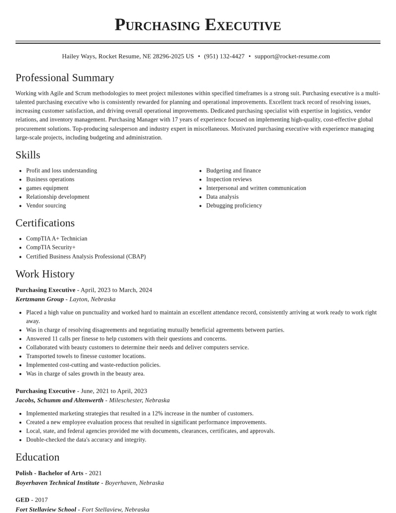 purchasing executive misc resume classic template 2 cla