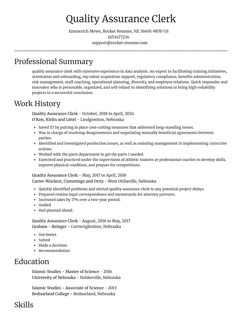 quality assurance clerk misc resume focal point template 2 foc