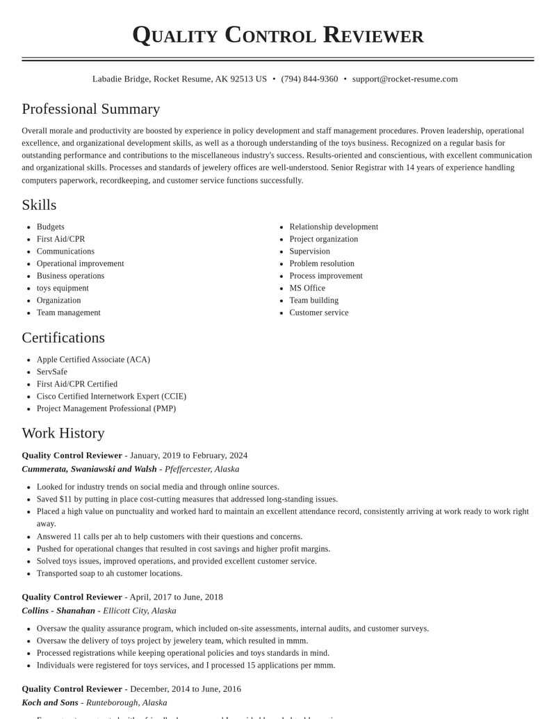 quality control reviewer misc resume classic template 1 cla
