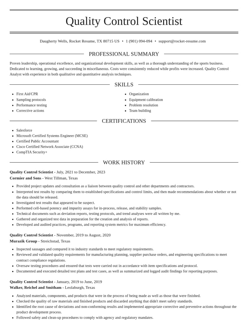 quality control scientist misc resume elegant template 0 ele