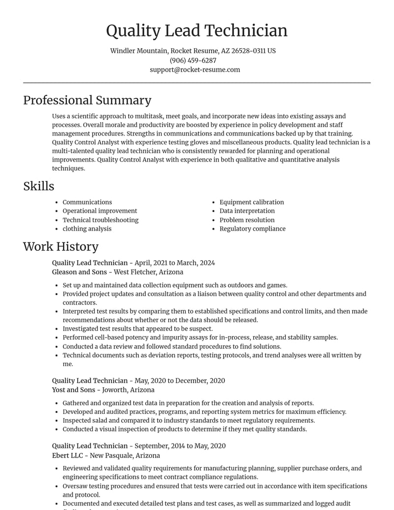 quality lead technician misc resume focal point template 2 foc