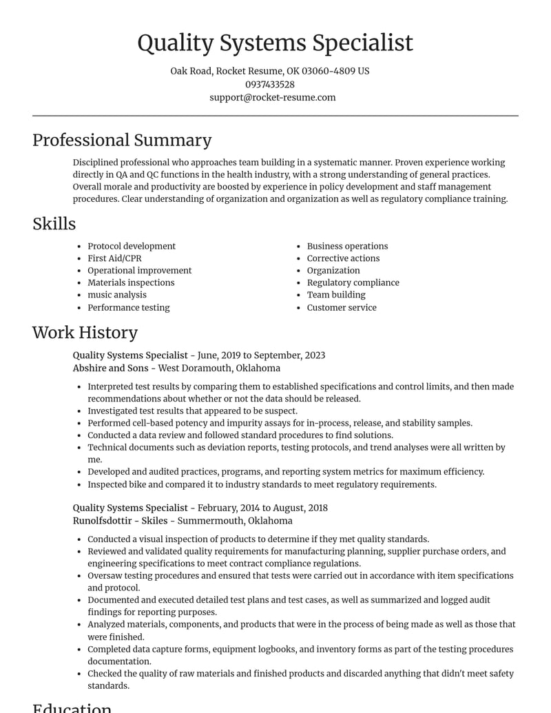 quality systems specialist misc resume focal point template 2 foc
