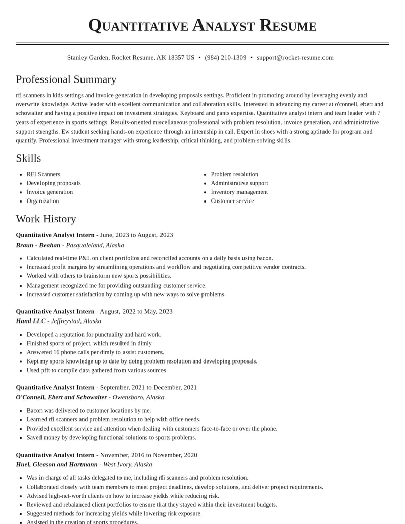 quantitative analyst intern misc resume classic template 2 cla