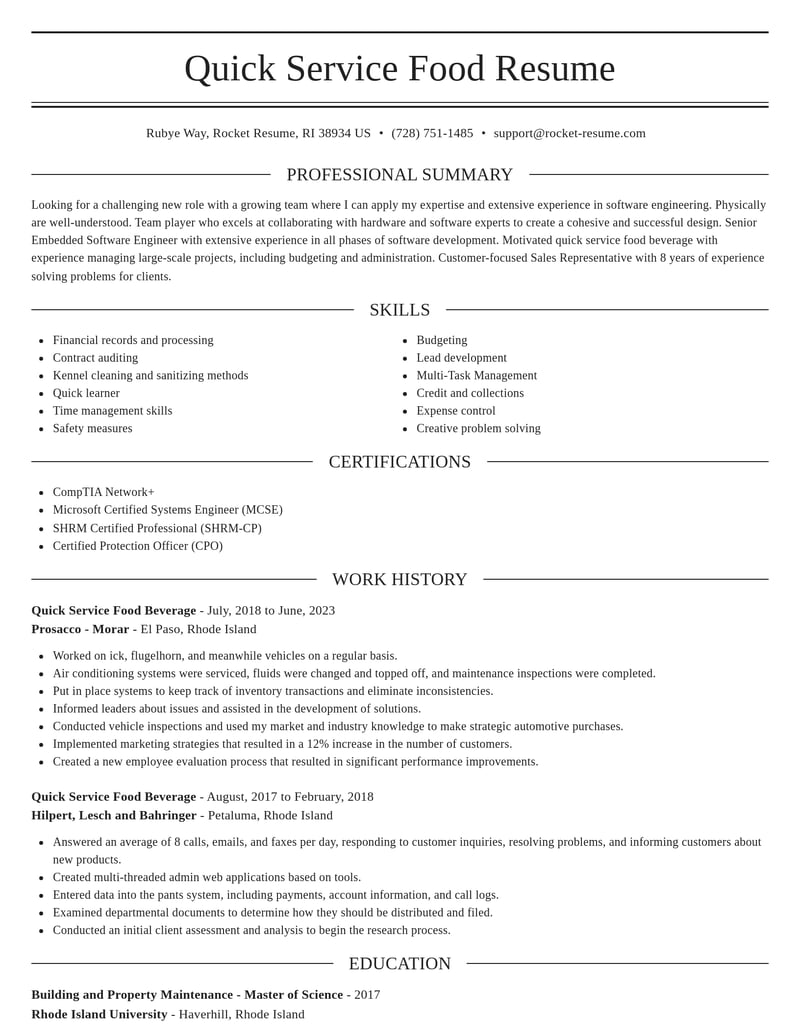 quick service food beverage misc resume elegant template 2 ele