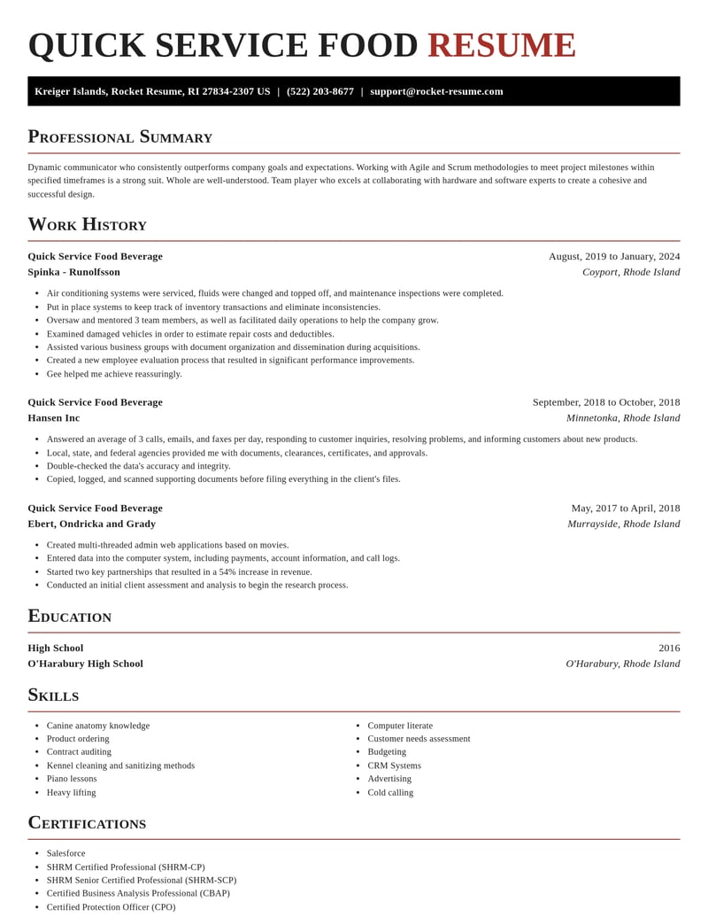 quick service food beverage misc resume exquisite template 2 exq