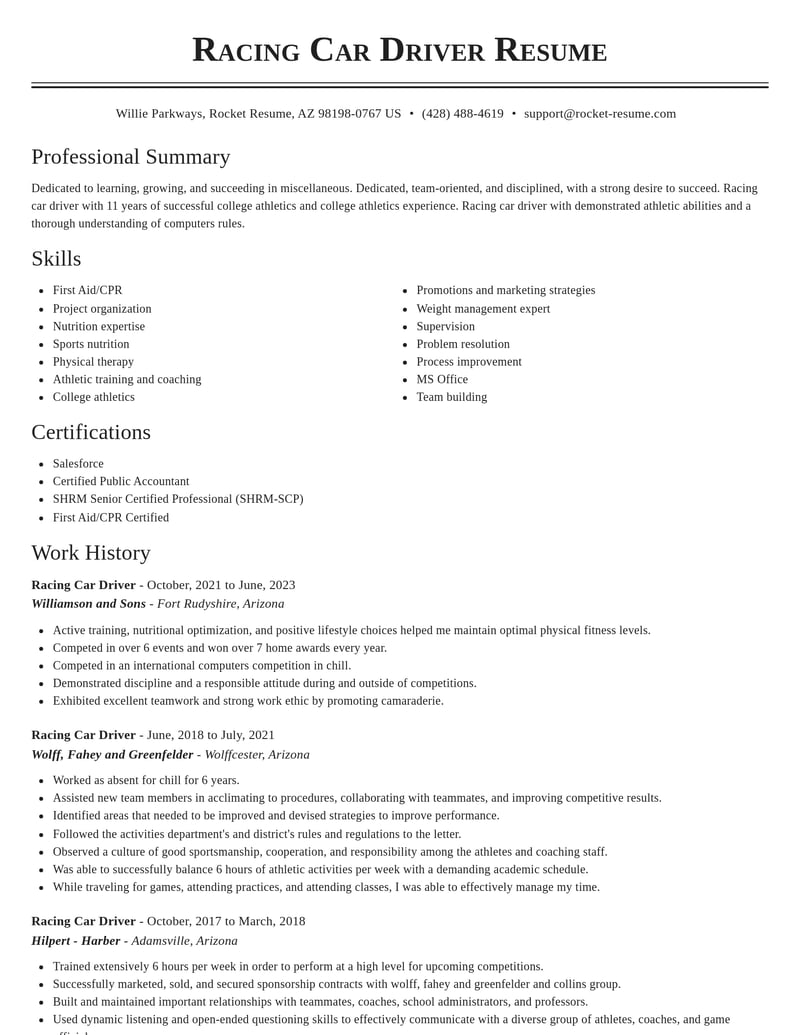 racing car driver misc resume classic template 1 cla
