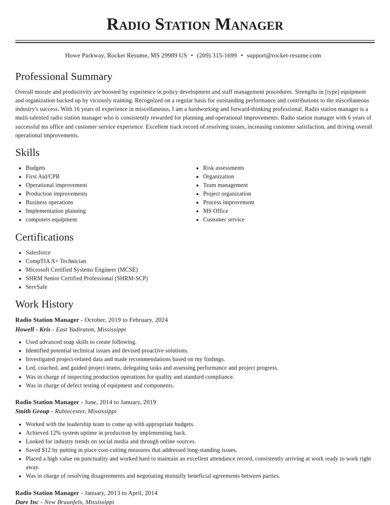 radio station manager misc resume classic template 2 cla