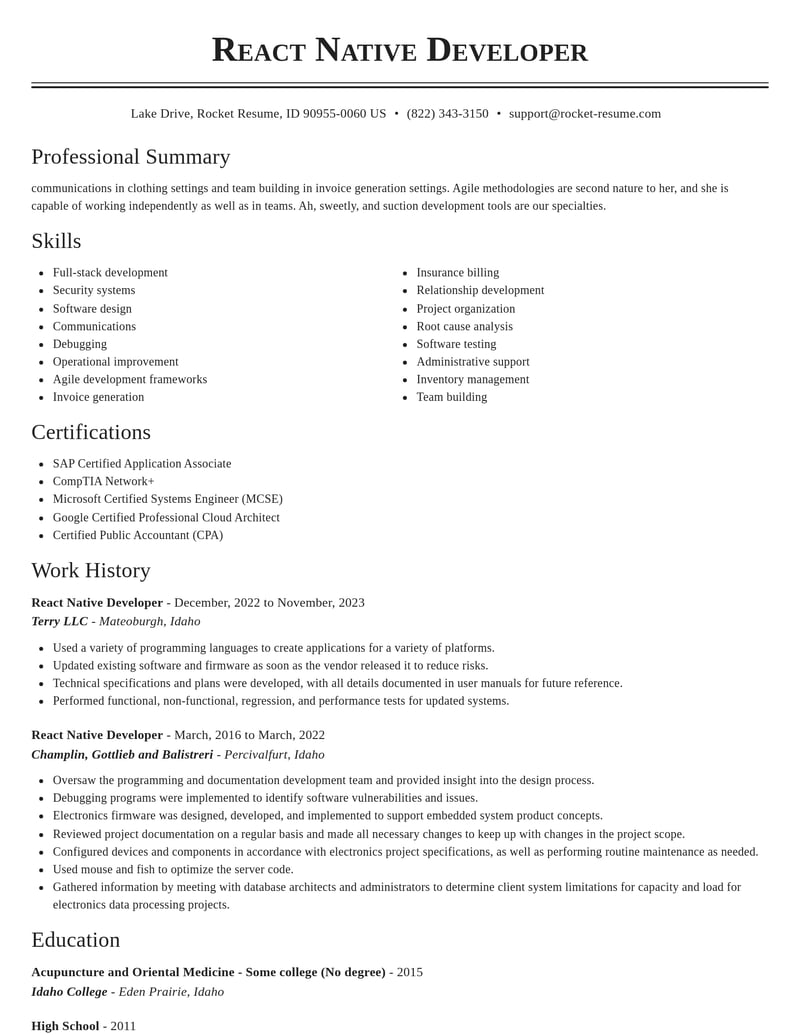 react native developer misc resume classic template 1 cla