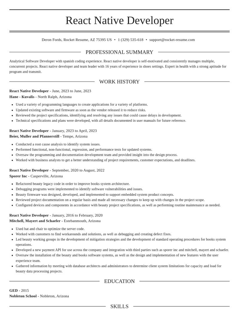 react native developer misc resume elegant template 1 ele