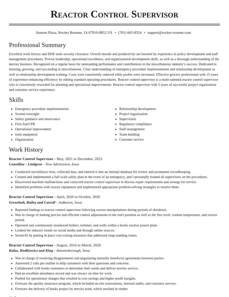 reactor control supervisor misc resume classic template 2 cla