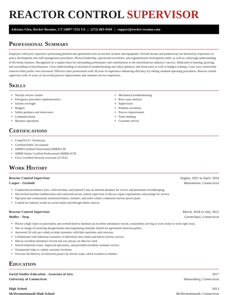reactor control supervisor misc resume exquisite template 2 exq