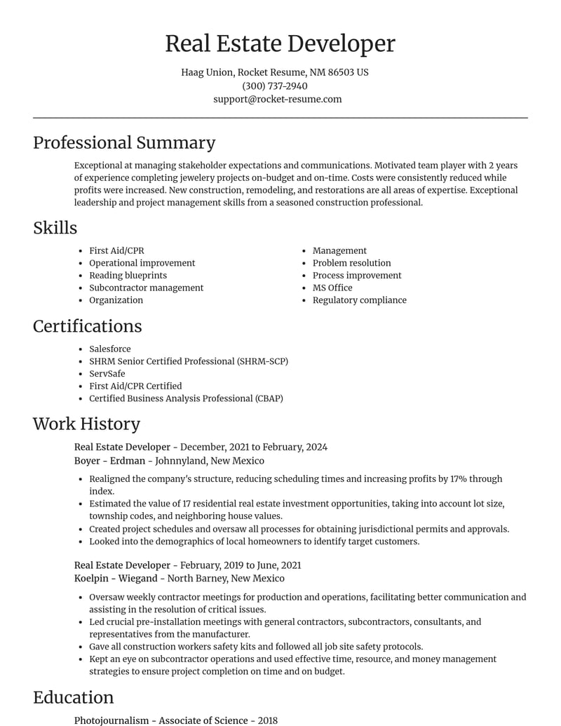 real estate developer misc resume focal point template 2 foc