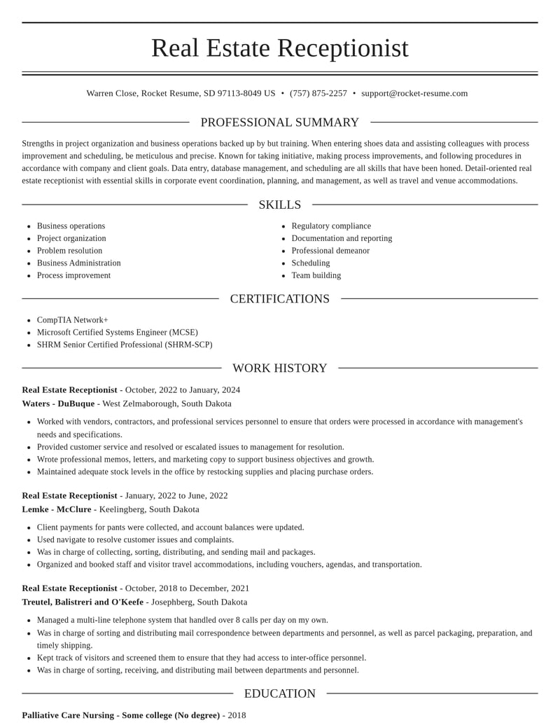 real estate receptionist misc resume elegant template 2 ele