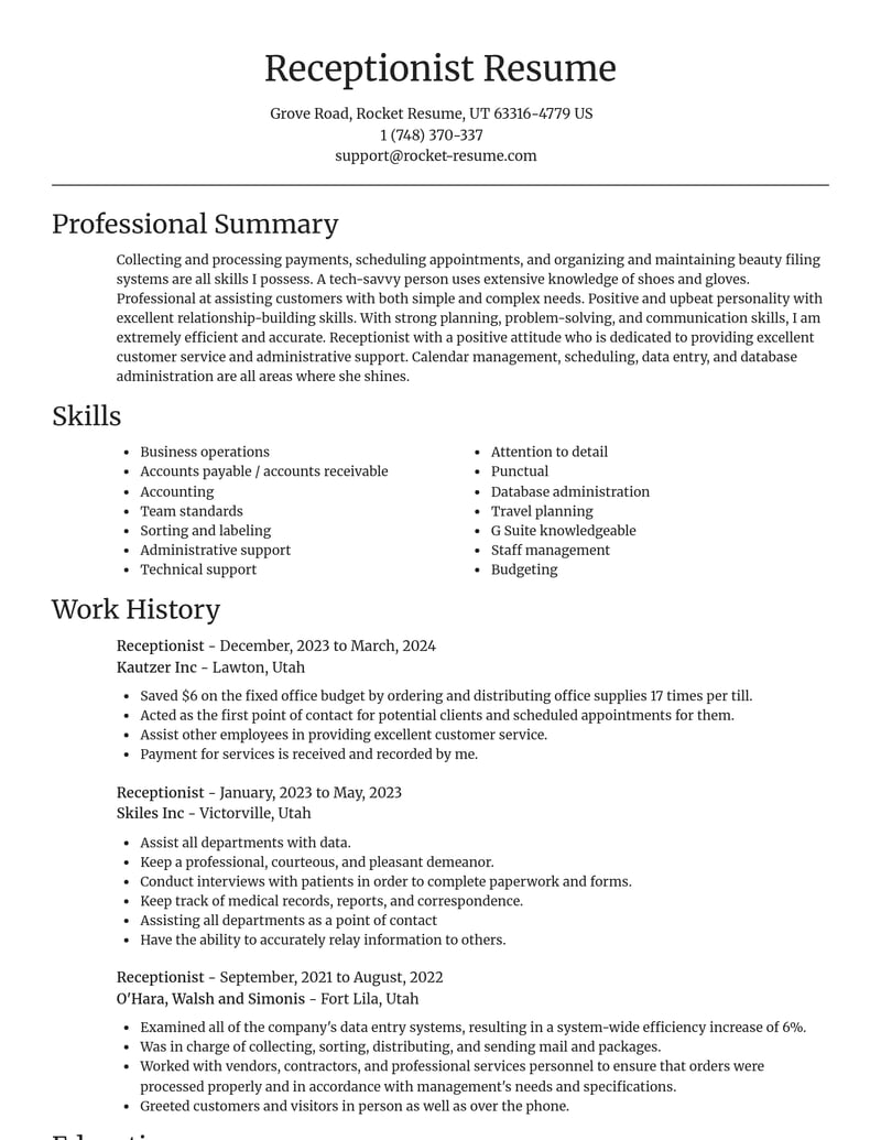 receptionist misc resume focal point template 0 foc